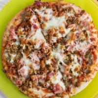 Milan Pizza · Tomato sauce, Mozzarella, ham, bacon, pepperoni, meatballs and sausage.