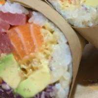 Kungfu-Rrito · Fresh tuna, fresh salmon, lettuce, carrots, avocado, sriracha teriyaki, wasabi mayo, tempura...