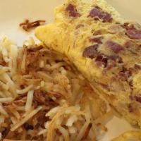 Pastrami Omelette · Served with choice of hash browns or home fries and toast.