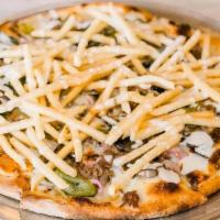 Philly Fry Pie Del · Shaved steak, white American and Swiss cheese, bell peppers, onions and mushrooms topped wit...