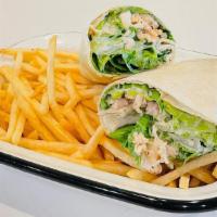 Chicken Caesar Wrap Del · grilled chicken, parmesan cheese and. romaine. tossed in caesar dressing.