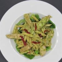 Chicken Pesto Pasta Salad · Penne pasta tossed with fresh basil pesto, oven roasted chicken, sundried tomatoes, artichok...