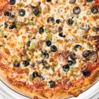 The Works · Pepperoni, sausage, ham, mushrooms, onions, green peppers, black olives and extra mozzarella...