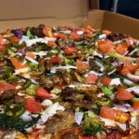 Garden Pizza · Spinach, broccoli, mushrooms, onions, green peppers, eggplant and tomatoes.