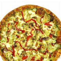 Mediterranean Pizza · Basil pesto sauce, sun dried tomatoes, mushrooms, artichoke hearts and roasted red peppers.