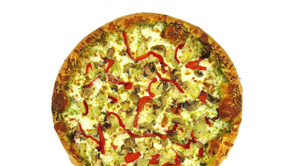 Mediterranean Pizza · Basil pesto sauce, sun dried tomatoes, mushrooms, artichoke hearts and roasted red peppers.