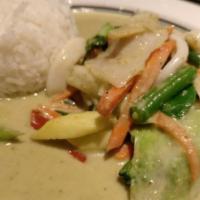 Green Curry Shrimp · Medium, gluten-free. Basil leaves, green peas, eggplants, mixed vegetables, bamboo shoots, c...