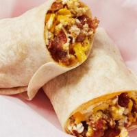 Bacon, Egg, & Cheese Burrito · Diced bacon, egg, and cheese wrapped in a large flour tortilla.. {GF - with soft corn or cri...