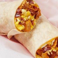 Bacon, Potatoes, Egg, & Cheese Burrito · Diced bacon, potatoes, egg, and cheese wrapped in a large flour tortilla.. {DF - remove shre...