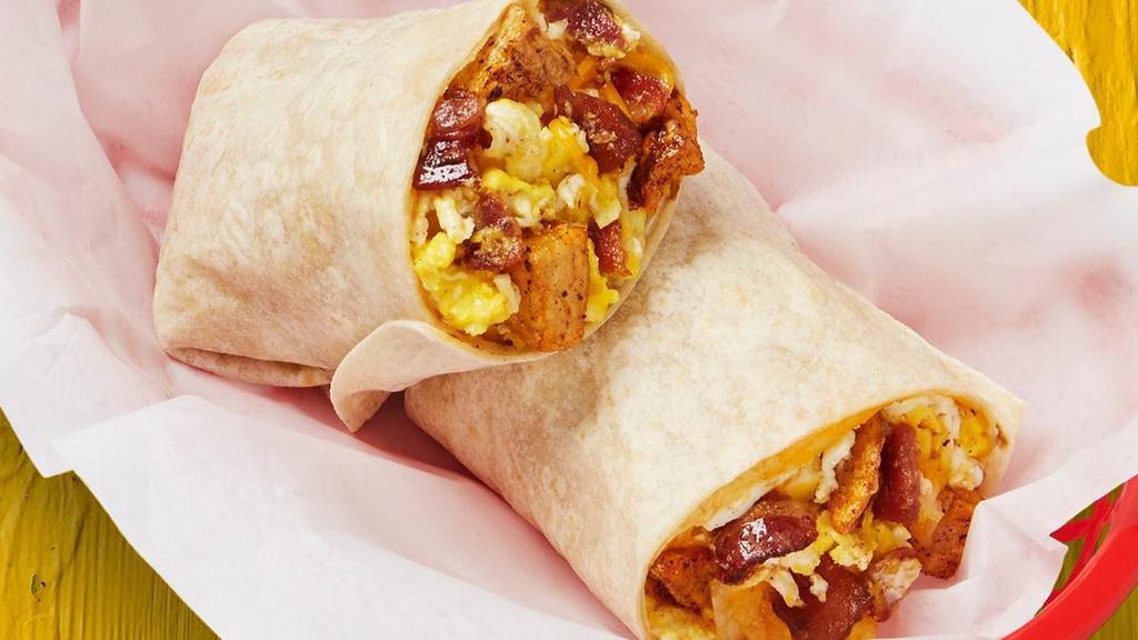 Bacon, Potatoes, Egg, & Cheese Burrito · Diced bacon, potatoes, egg, and cheese wrapped in a large flour tortilla.. {DF - remove shredded cheese}