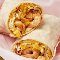 Shrimp, Egg, & Cheese Burrito · Shrimp, egg, and cheese wrapped in a large flour tortilla.. (DF - remove shredded cheese}