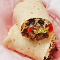 Fajita Beef Burrito · Fajita beef, guacamole, shredded cheese, pico de gallo, garlic sauce, rice, and beans wrappe...