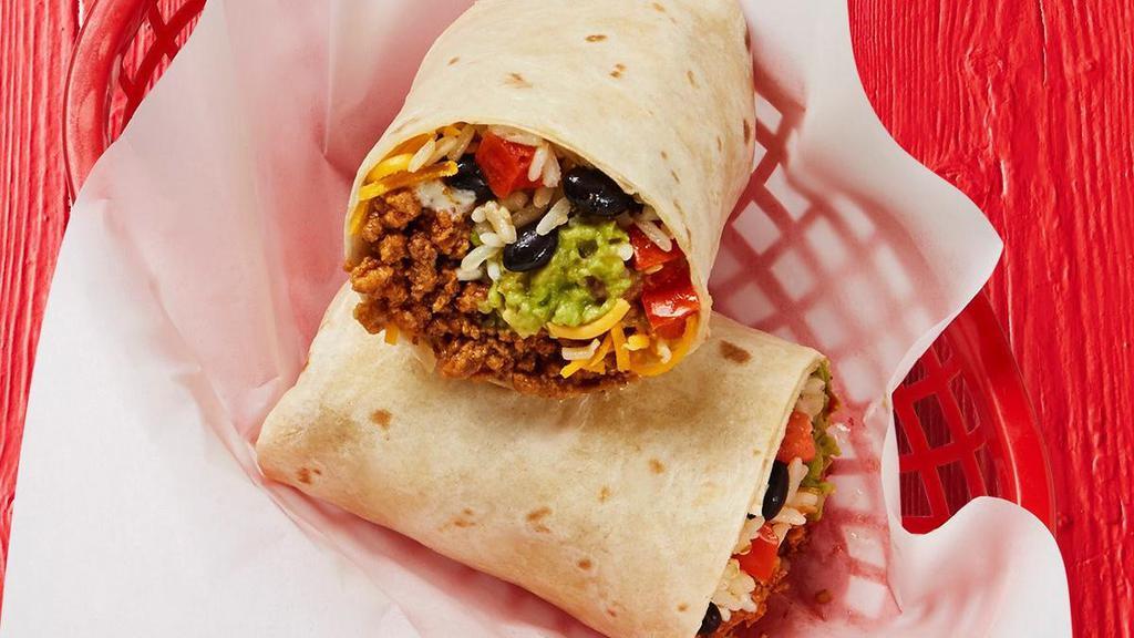 Seasoned Ground Beef Burrito · Seasoned ground beef, guacamole, shredded cheese, pico de gallo, garlic sauce, rice, and beans wrapped in a large flour tortilla.. {DF - with cilantro-lime rice, remove shredded cheese}