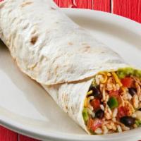 Shredded Chicken Burrito · Shredded chicken, guacamole, shredded cheese, pico de gallo, garlic sauce, rice, and beans w...