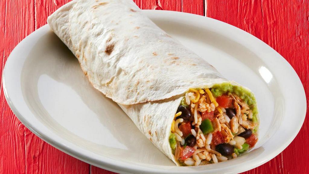 Shredded Chicken Burrito · Shredded chicken, guacamole, shredded cheese, pico de gallo, garlic sauce, rice, and beans wrapped in a large flour tortilla.. {DF - with cilantro-lime rice, remove shredded cheese}