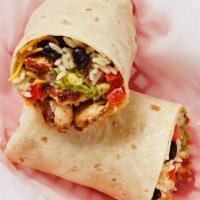 Fajita Chicken Burrito · Fajita chicken, guacamole, shredded cheese, pico de gallo, garlic sauce, rice, and beans wra...