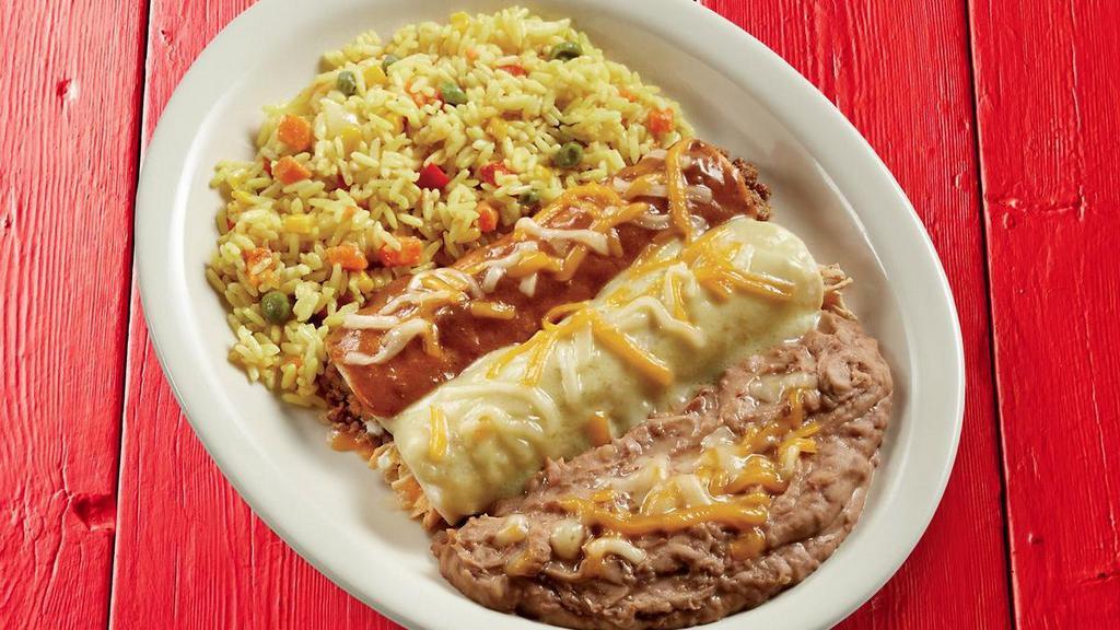 Enchilada Plate · Choose any two enchiladas, sauces with a choice of two sides.. {GF -cheese, chicken, grilled shrimp, pork,. or veggie topped with queso or fire-roasted salsa}