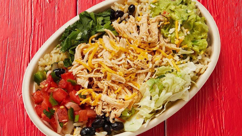 Shredded Chicken Burrito Bowl · Shredded chicken, llettuce, rice, beans, guacamole, pico de gallo, shredded cheese, garlic sauce, and topped with fire-roasted salsa or spicy chimichurri.