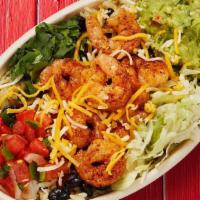 Grilled Shrimp Burrito Bowl · Grilled shrimp, lettuce, rice, beans, guacamole, pico de gallo, shredded cheese, garlic sauc...