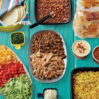 Large Taco Family Meal - Serves 6-8 · Includes choice of meat, two sides, chips, queso, salsa, and all the fixings - tortillas, le...