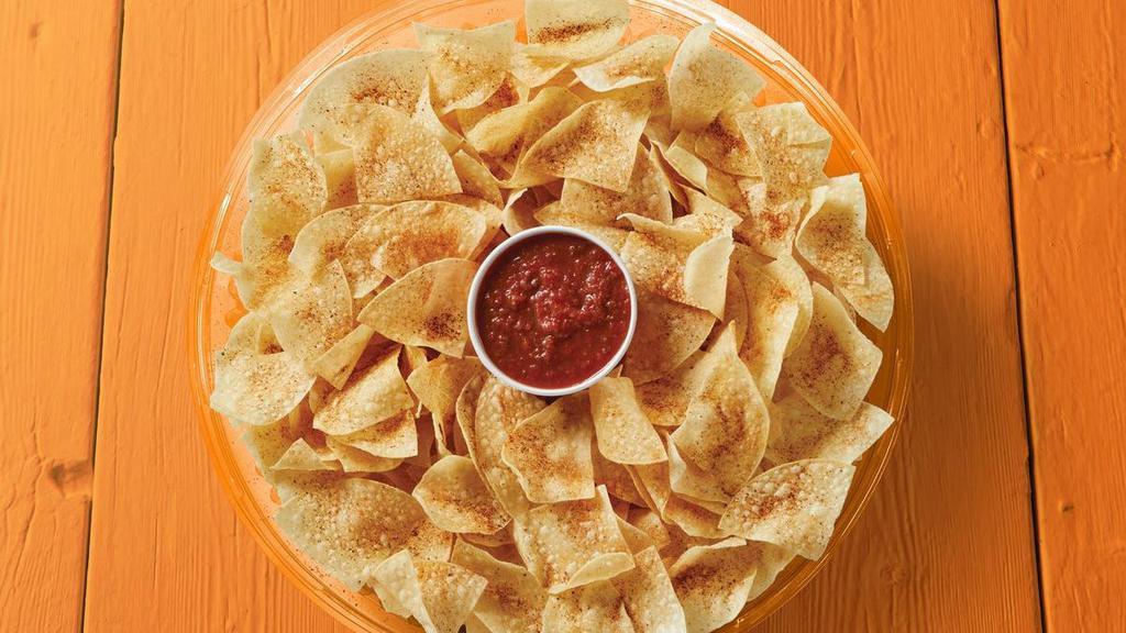 Chips & Fire-Roasted Salsa Party Tray · One quart of made-in-house salsa & freshly made tortilla chips.. Feeds 8-10