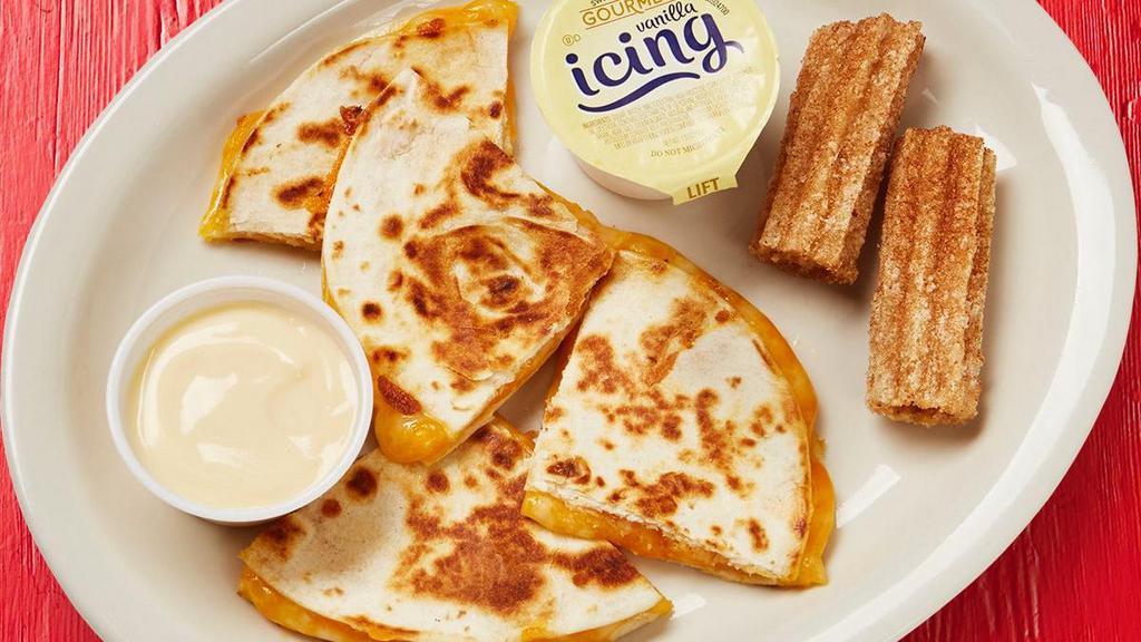 Kids' Cheese Quesadilla · Cheese-stuffed flour tortilla served with queso or ranch dip and a snack.