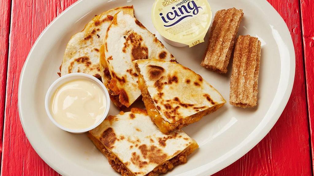 Kids' Cheeseburger Quesadilla · Special ground beef & cheese-stuffed flour tortilla served with queso or ranch dip and a snack.
