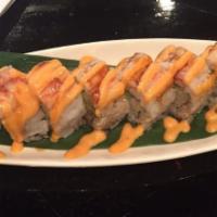 Shrimp Mania Roll · Shrimp tempura, avocado, cucumber, crab topped with cooked shrimp, Japanese spicy sauce, eel...