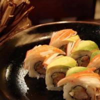 007 Roll · Shrimp tempura, cucumber, spicy tuna, topped with crab, avocado, Japanese spicy mayo.