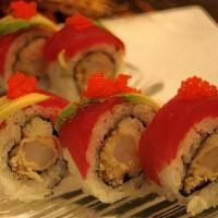 No Name Roll · Shrimp tempura, tempura batter, crab topped tuna, avocado, Japanese spicy sauce and sweet gl...