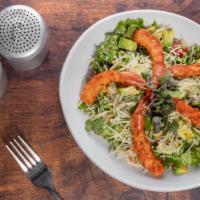 Smoked Shrimp Salad · Smoked seasoned shrimp, romaine, arugula, corn, cucumbers, tomatoes, avocado and parmesan cr...