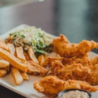 Hand Battered Chicken Tenders · Served with frites, homemade slaw and BBQ ranch.