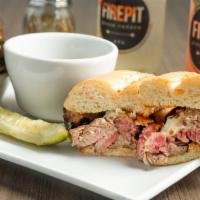 Firepit Dip · grilled steak, firepit cheese blend, horseradish mayo, french bread, au jus