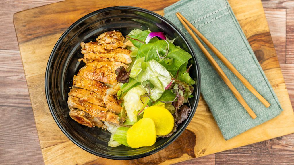 Chicken Hibachi Donburi · Chicken in sweet soy sauce. Served in oversized rice bowls.Make it a Bento Box option:comes with California roll,dumplings& side dish.