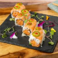 Spicy Girl Roll · Spicy salmon & jalapeño inside, top with fresh salmon.