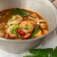 Lemongrass Shrimp Soup · Classic Thai hot and soup simmered with lemongrass and Thai herbs broth, mushroom, onion, an...