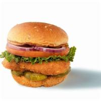 Vegan Chickenless Sandwich · Vegan. Crispy vegan chickenless patty, pickles, lettuce, tomato, red onion and whole wheat b...
