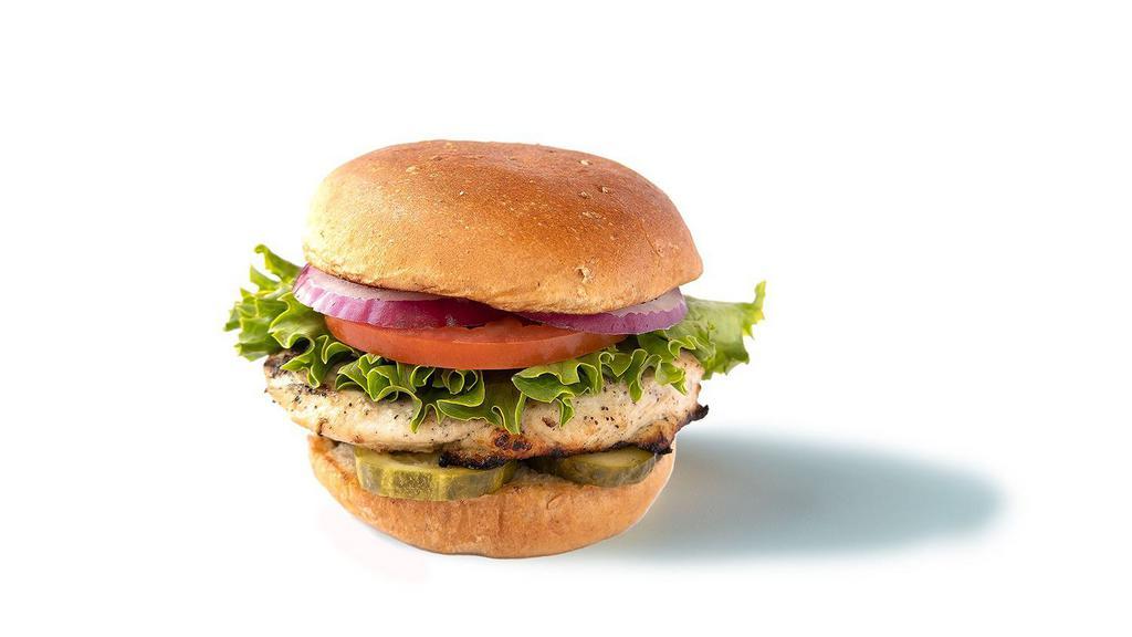 Grilled Chicken Sandwich · Grilled chicken, pickles, lettuce, tomato, red onion and whole wheat bun.