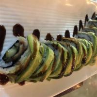 Caterpillar · Eel, cucumber, topped with avocado, eel sauce