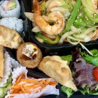 Teriyaki Shrimp Bento Box Dinner · Served with Salad, California Roll, Fried Gyoza, Vegetable Tempura, Takoyaki, Steamed Rice o...