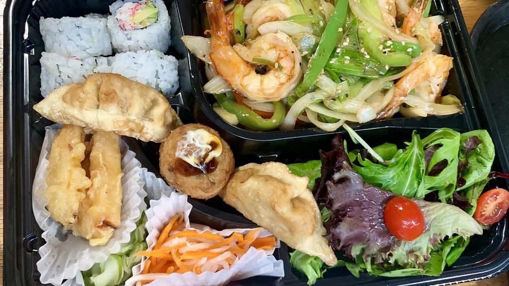 Teriyaki Shrimp Bento Box Dinner · Served with Salad, California Roll, Fried Gyoza, Vegetable Tempura, Takoyaki, Steamed Rice or Fried Rice.