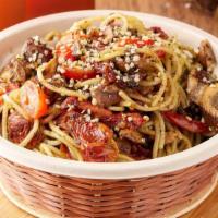 Spaghetti Bowl · Exquisite vegan pasta with pesto sauce, mushroom and tomato cherry or tasty vegan Bolognese ...