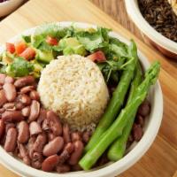 Frijoles Bowl · Integral bowl with kidney beans, brown rice, asparagus, avocado, tomato.                    ...