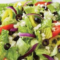 Regular Greek Salad · Fresh-cut lettuce blend, feta cheese crumbles, black olives, sliced tomatoes, red onions, an...