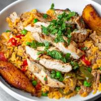 Arroz Con Pollo Rice Bowl · Shredded chicken thighs, sliced grilled chicken breast, yellow rice, green peas, roasted red...