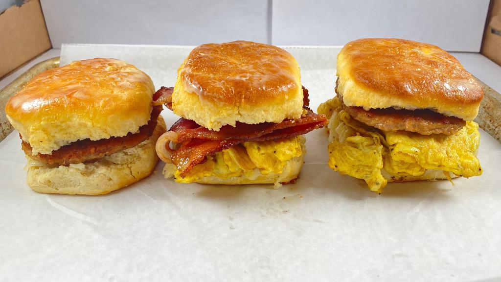 Breakfast Biscuit (Egg Cheese Meat) · Delicious breakfast biscuit with egg and cheese and meat
 ( choose bacon or pork sausage)
Sausage biscuit or bacon biscuit 

Try with our tater tots or a lemonade