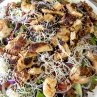 Boss Salad · Spring mix, tomato, red onion, cheese, bacon, shrimp and your choice of beef, chicken breast...