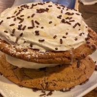 Ice Cream Sandwich · 2 Big Chocolate chip cookies, drizzled with condensed milk and powder sugar and  a scoop of ...
