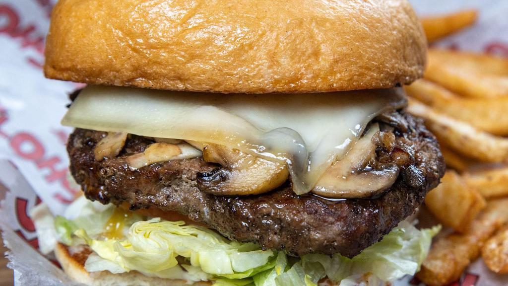Stus Mushroom Burger · Sauteed mushrooms, melted swiss cheese, mayo, lettuce, tomato, and red onion. Add hickory smoked bacon for an extra .99.