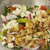 Greek Salad · Romaine lettuce, grape tomato, cucumber, black olives, red onions, bell peppers, feta cheese...